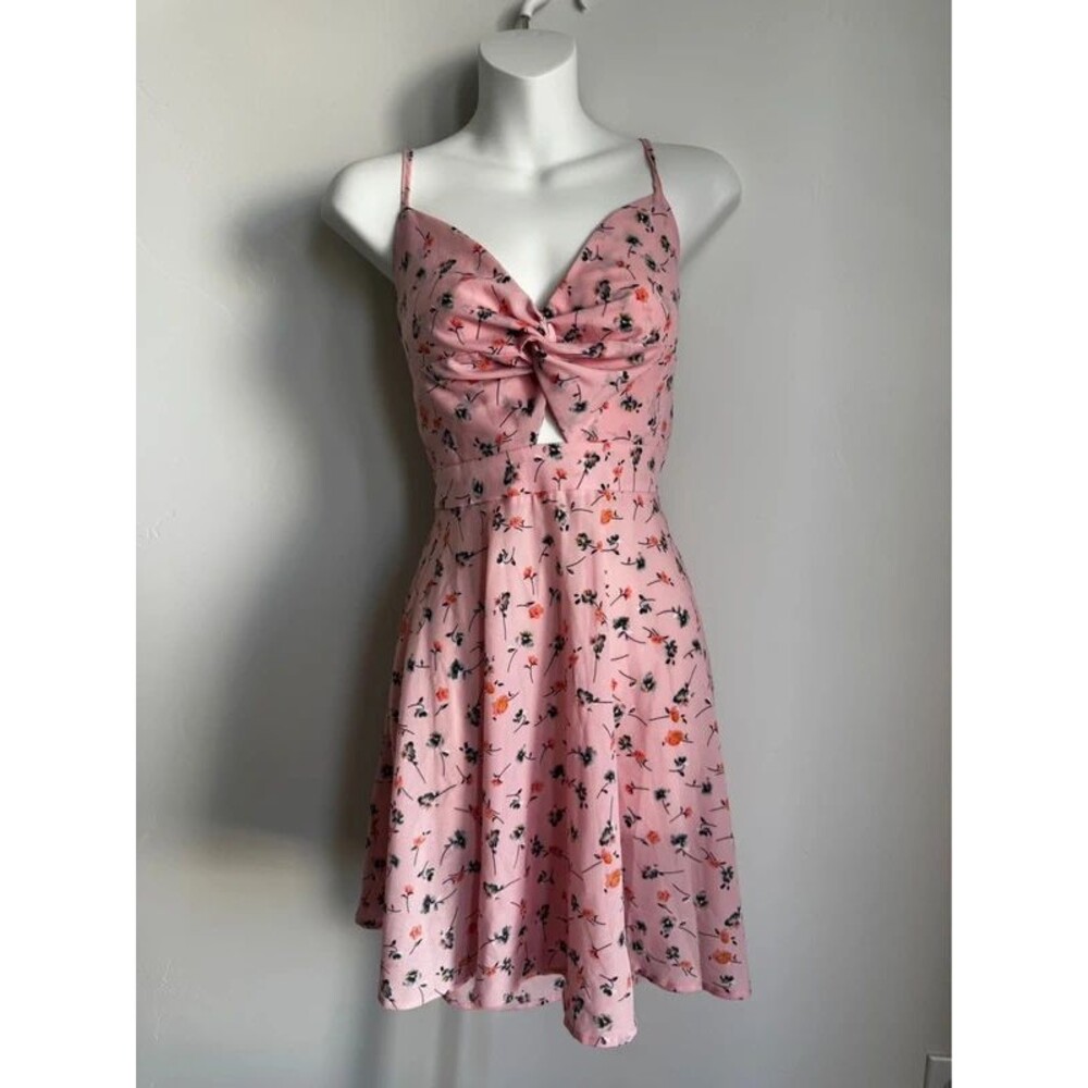 Pink Floral Mini Dress with Front Knot Detail - Size M